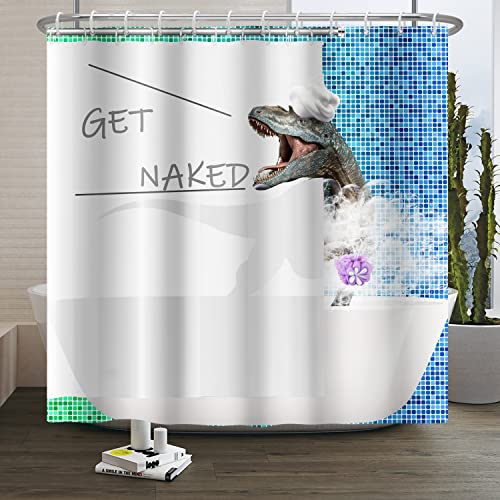 SDOTPMT 180x210cm Get Naked Shower Curtain Funny Dinosaur Animal Showering Bath Curtain Blue Geometric Checked Splicing White Bathtub Curtain for Kids Boy Bathroom with Hooks