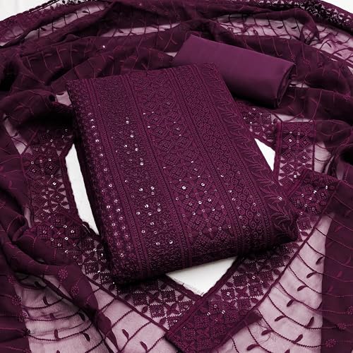 Image of Sidhidata Women's Faux Georgette Full Embroidery Lucknowi Chikankari Schiffli Work Unstitched Salwar Suit Dress Material With Embroidered Dupatta (DM Lucknowi Free Size)