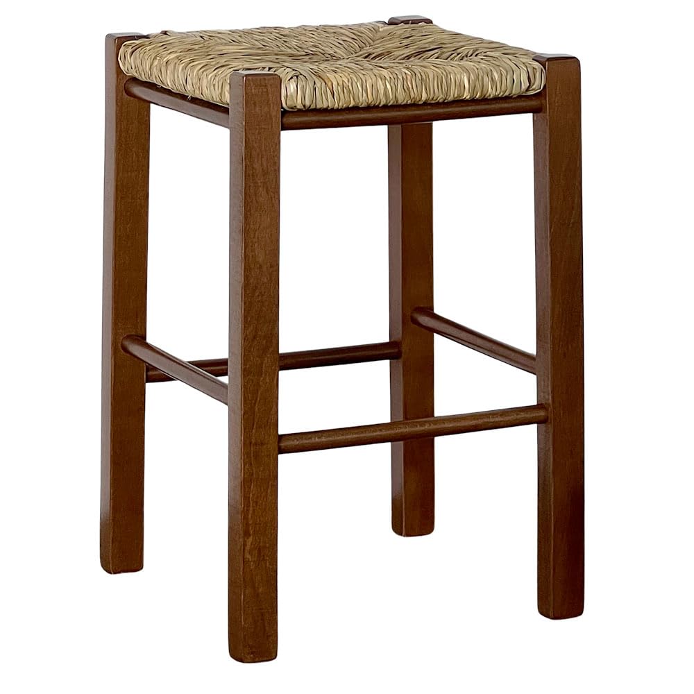 okaffarefatto maddaloni Taburete de madera con asiento de paja en color nogal, altura 47 cm desde el suelo hasta el asiento, ya montado, patas rectas