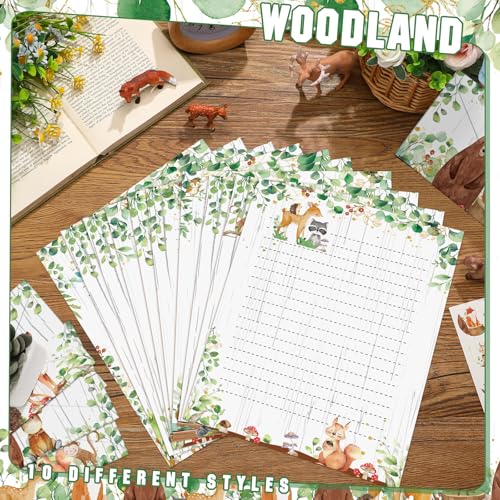 Image of TaoBary 160 Pcs Stationery Paper Set 50 Double Sided Stationery Papers with 50 Matching Envelopes and 60 Round Dot Sticker, 10 Design(Woodland Animal,8.5 x 11 Inch)