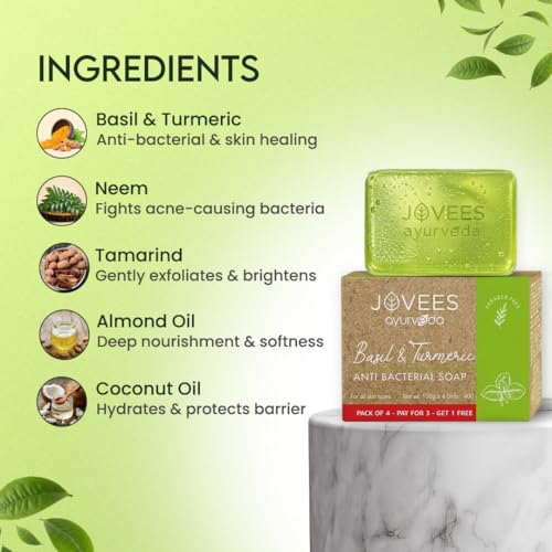 Image of Jovees Herbal Pimple & Anti-Bacterial Soap 400g - Basil & Turmeric Bar, Fights Pimples, Controls Oil, Deep Cleanse, Soothes Skin, Promotes Clear, Healthy & Natural Glowing Skin for Men & Women (Set of 4)