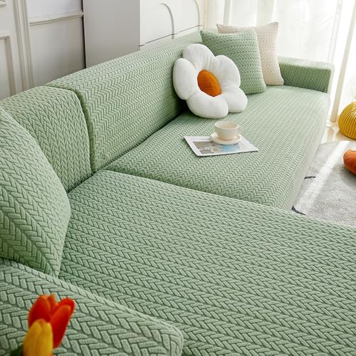 Housse canapé extensible mint green 2 places en jacquard d'angle - 4