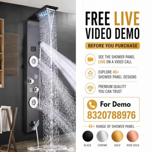 Image of For Bathroom Full Set Stainless Steel 304 Shower Panel for Bathroom with Hand Shower /Showerhead /Body Massage Jets /Shower System with Hot & Cold Mixer (Luxurious Black Finishing)