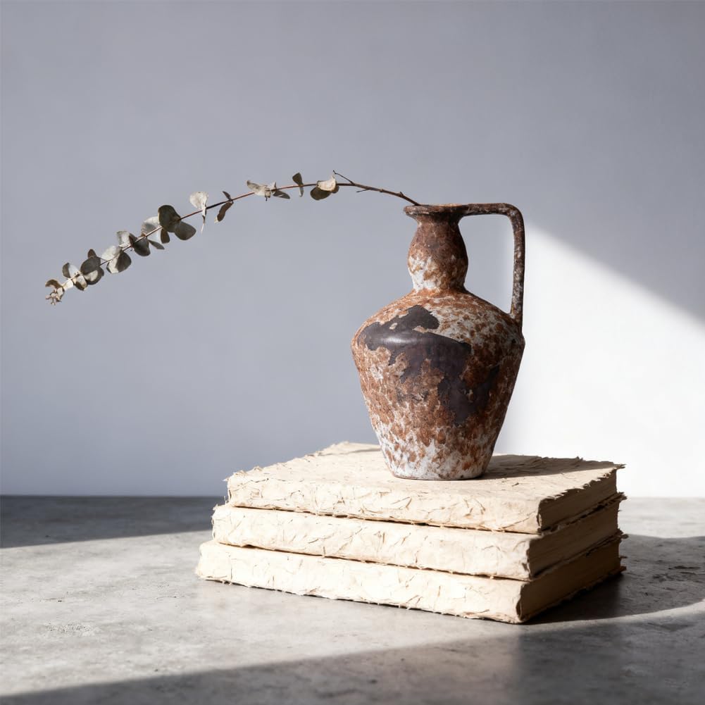 Rustic Terracotta Vase with Handle, 9.8” Large Vintage Clay Ceramic Vase for Home Decor, Farmhouse Pottery Vase for Living Room, Dining Table Centerpiece, Kitchen, Bedroom, Entryway