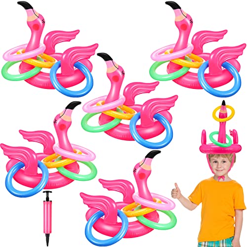 Macarrie 5 Set Inflatable Flamingo Pool Toys Ring Toss Pool Game Include 5 Flamingo Headband and 20 Colorful Rings Swimming Pool Toys for Flamingo Party Decorations Luau Party Hawaiian Beach Game