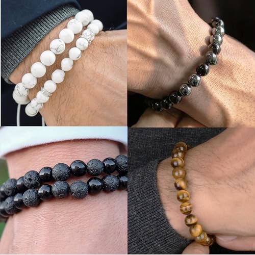 Tiger Eye Beaded Bracelets for Men - Elastic 8MM Natural Stone Bracelet Set Lava Rock Bracelets Gifts for Son Grandson Bonus Son Boyfriend Brother2