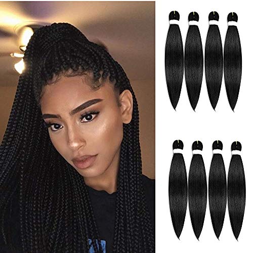Pre-stretched Braiding Hair Black 24” 8 Packs Professional Itch Free Easy Braiding Hair Hot Water Setting Synthetic Fiber Crochet Hair Yaki Texture Original Kanekalon Braid Hair Extensions(1B#)