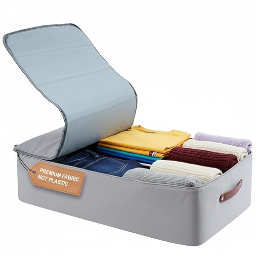 Under Bed Storage Container – Foldable Underbed Storage Bin for Clothes & Bedding, Canvas Under Bed Storage Box with Lid, Low Profile 8″ Organizer with Handles