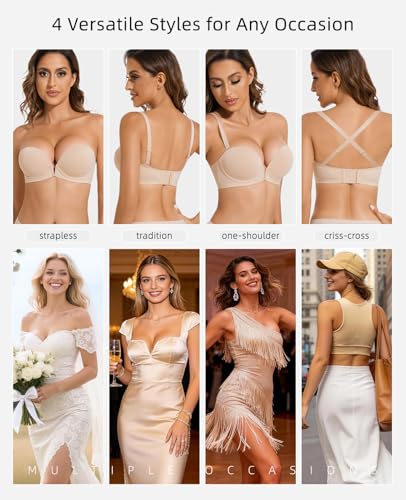 Image of Upushall Strapless Bra Push Up Non Slip Deep V Plunge Bras for Women | Underwire, Super Padded, Add 1 Cup