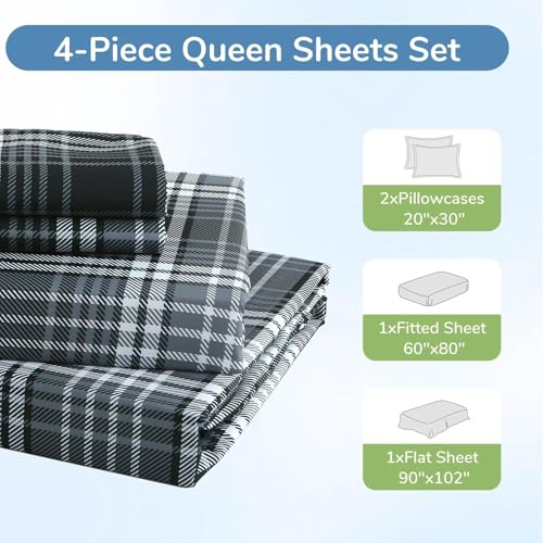 Image of MUXHOMO Queen Size 4 Piece Sheet Set, Soft Breathable Bed Sheet Set for Bedroom with Deep Pocket Up to 16 inch, Wrinkle-Free & Cooling Bedding for Oeko-TEX Certified - Black /White Plaid