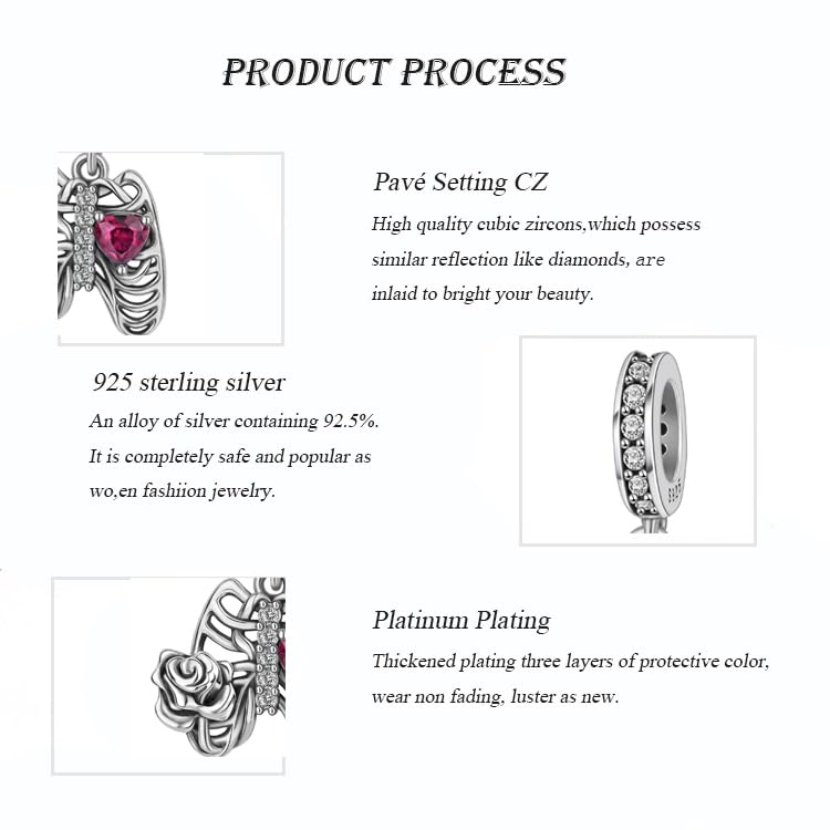 Image of ARTCHARM Rib Rose Charm 925 Sterling Silver with Zircon fit Bracelets Charms,Christmas Valentine Mother's Day Gift for Women