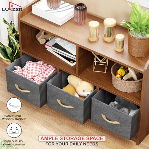 Image of Lukzer MR-025 2-Layer Bookshelf in Oak Brown, Engineered Wood & Fabric Organizer with 5 Sections & 3 Drawers for Home, Office, Kitchen, Corridor & Classroom (90x60x30cm)