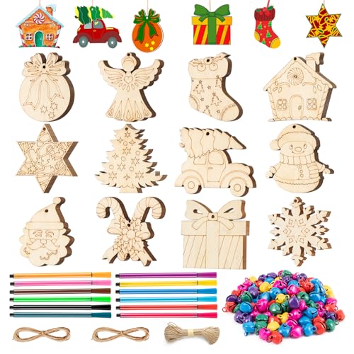 WEVOL 72 Pezzi Addobbi 'Natale', 12 Stili Piccole Decore Ciondoli, Kit Sagome 'Legno', Colorare Palline Legno con Corda/Campana