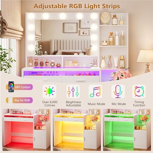 Image of HUAHUU Vanity Desk with Mirror and Lights, Makeup Vanity with Glass Top and RGB Lighting, White Vanity Set with Transparent Drawers, Open Shelves, Cabinet & Power Outlet for Bedroom Dressing Room