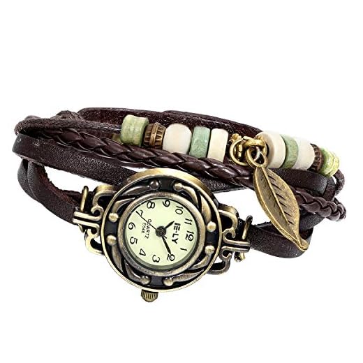 Avaner Orologio da Polso da Donna Ragazza Classico Vintage con Ciondolo Foglia Bracciale in pelle Colore Marrone Multifili