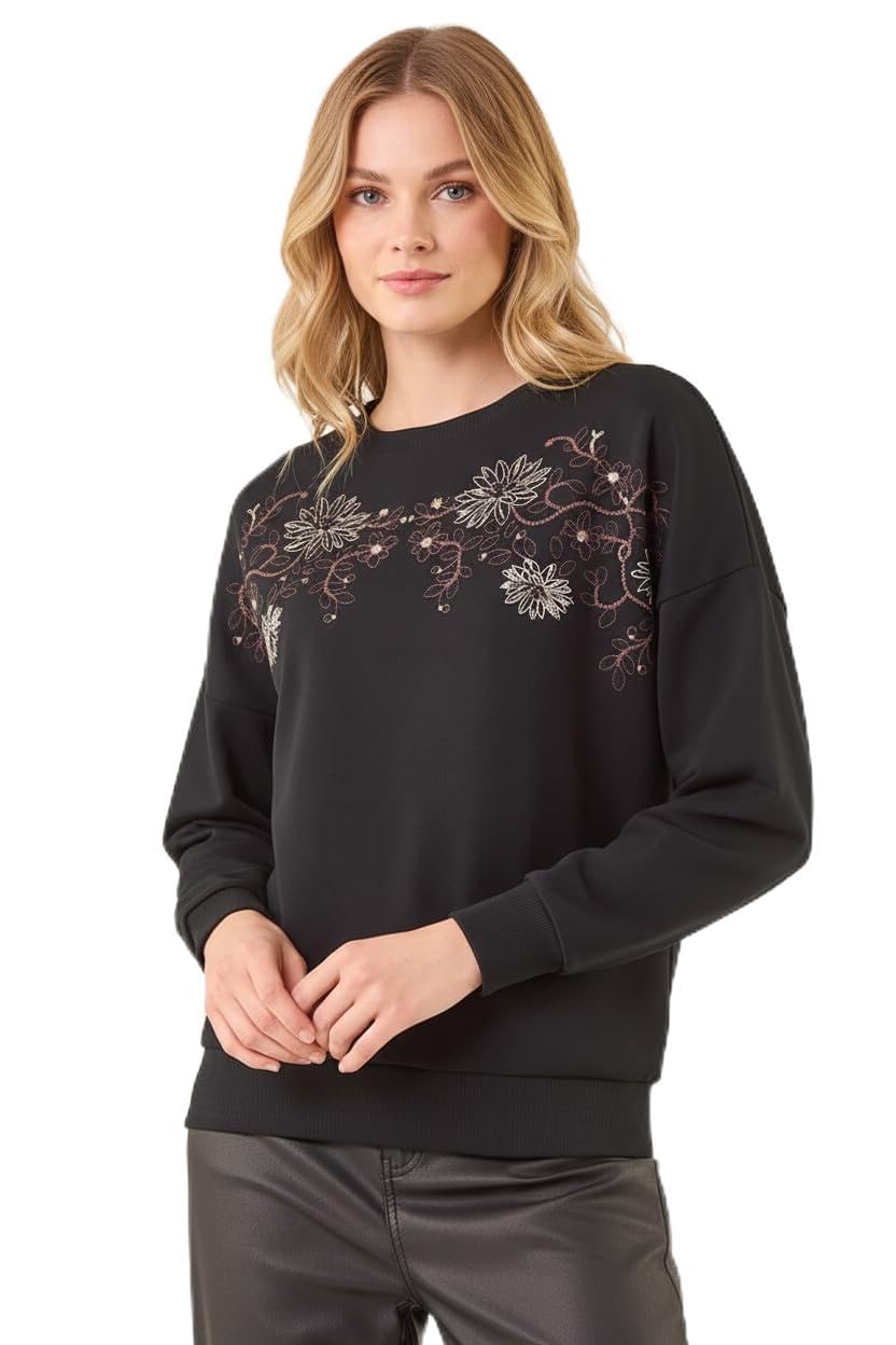 Roman Women's Black Floral Embroidered Stretch Top