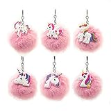 6Packs Rainbow Unicorn Keychain, Pink Pom Pom Key ring Soft Faux Fur Ball Bag Pendant Decoration Unicorn Party Favors Supplies (Unicorn)
