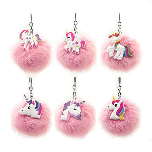 Hihelp 6Packs Rainbow Unicorn Keychain, Pink Pom Pom Key Ring Soft Faux Fur Ball Bag Pendant Decoration Unicorn Party Favors Supplies (Unicorn)