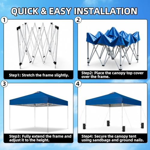 Image of 10x10FT Pop-Up Canopy Tent with Wheeled Carry Bag, Sandbags, Easy-Setup Outdoor Portable Gazebo Shelter and Sun Shade, Adjustable-Height Canopy for Events, Parties, BBQs, and Backyards (Blue)