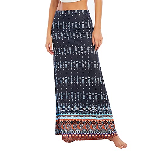 Image of Zando Long Skirts for Women Casual High Waisted Maxi Skirt Trendy Dresses Workout Stretchy Flared Black Skirt for Girls, Blue Orange Floral, Large