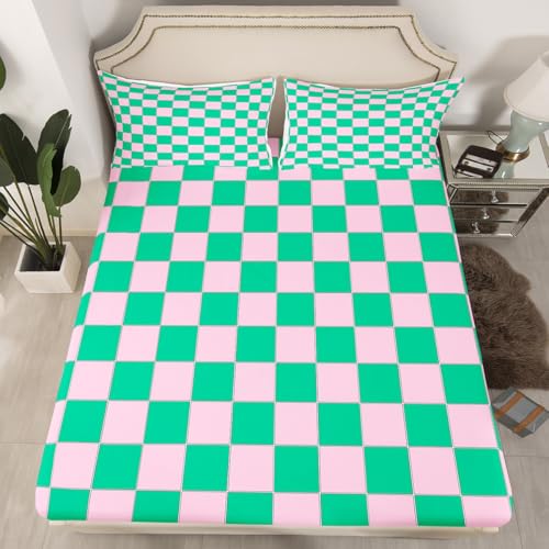 Image of Erosebridal Cute Plaid Bed Sheets Queen Pink Green Checkered Sheet Set Geometric Checkerboard Bedding Set for Kids Boys Girls,Aesthetic Grid Fitted Flat Sheets 4 Piece