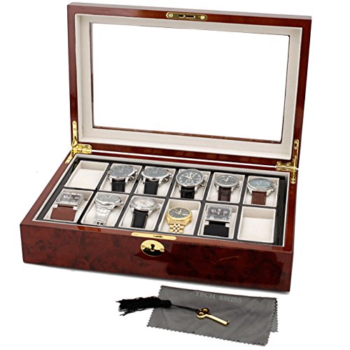 Tech Swiss Watch Box for 12 Watches Burlwood Finish Inlaid Edge Window Removable Tray With Key