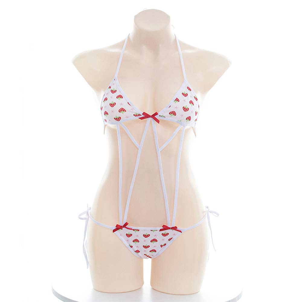 Women Lingerie Mini Bikini Strawberry lace up Underwear Set Anime Role Play T-String Bikini: One Size S0362red