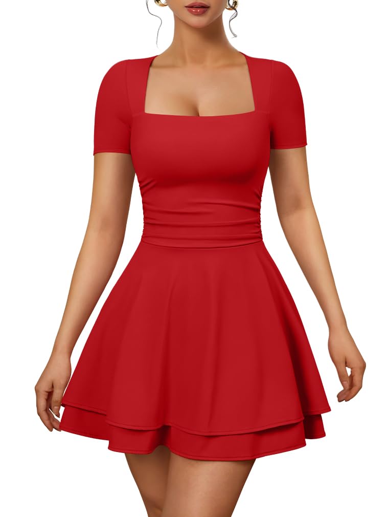 XXTAXN Womens Sexy Square Neck Short Sleeve Flowy Club Mini Dress | Ruched Tiered, Ruffle Hem,Party Cocktail Birthday,Graduation Homecoming,Wedding Guest.Vacation Valentines Halloween, Church