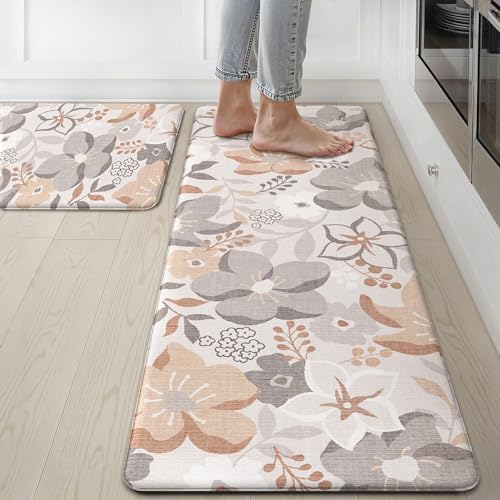 GENIMO Kitchen Mats for Floor 2PCS, Cushioned Kitchen Rugs Non Slip Washable, Farmhouse Anti Fatigue Mat Waterproof, Comfort Standing Mat Rug for Office, Home, Laundry, 17.3"x47"+17.3"x30",