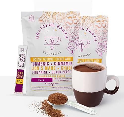 Grateful Earth Mushroom Coffee Instant- Mushroom Coffee Alternative- Immune Support- Super Brain Blend- Turmeric, Cinnamon, Lion’s Mane, Chaga, L-Theanine, Black Pepper- Dairy Free- 40 Ct (2 bags)