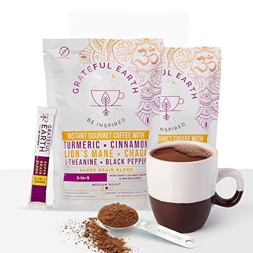 Grateful Earth Mushroom Coffee Instant- Mushroom Coffee Alternative- Immune Support- Super Brain Blend- Turmeric, Cinnamon, Lion’s Mane, Chaga, L-Theanine, Black Pepper- Dairy Free- 40 Ct (2 Bags) #TOP14