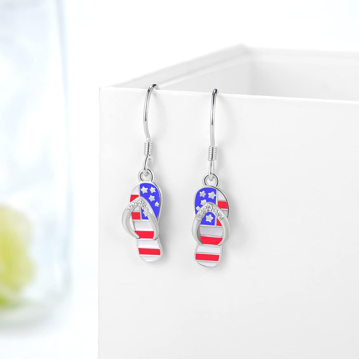 American Flag Earrings 925 Sterling Silver Flip Flops 4th of July American Flag Dangle Drop Earrings Patriotic Jewelry Independence Day Gifts for Women