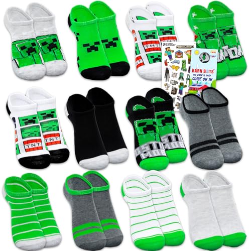 Minecraft Socks Set - Accessories Bundle with 12 Pairs of No Show Socks for Kids Size 10-4 Ages 6-8 Plus Stickers More | Video Game Apparel