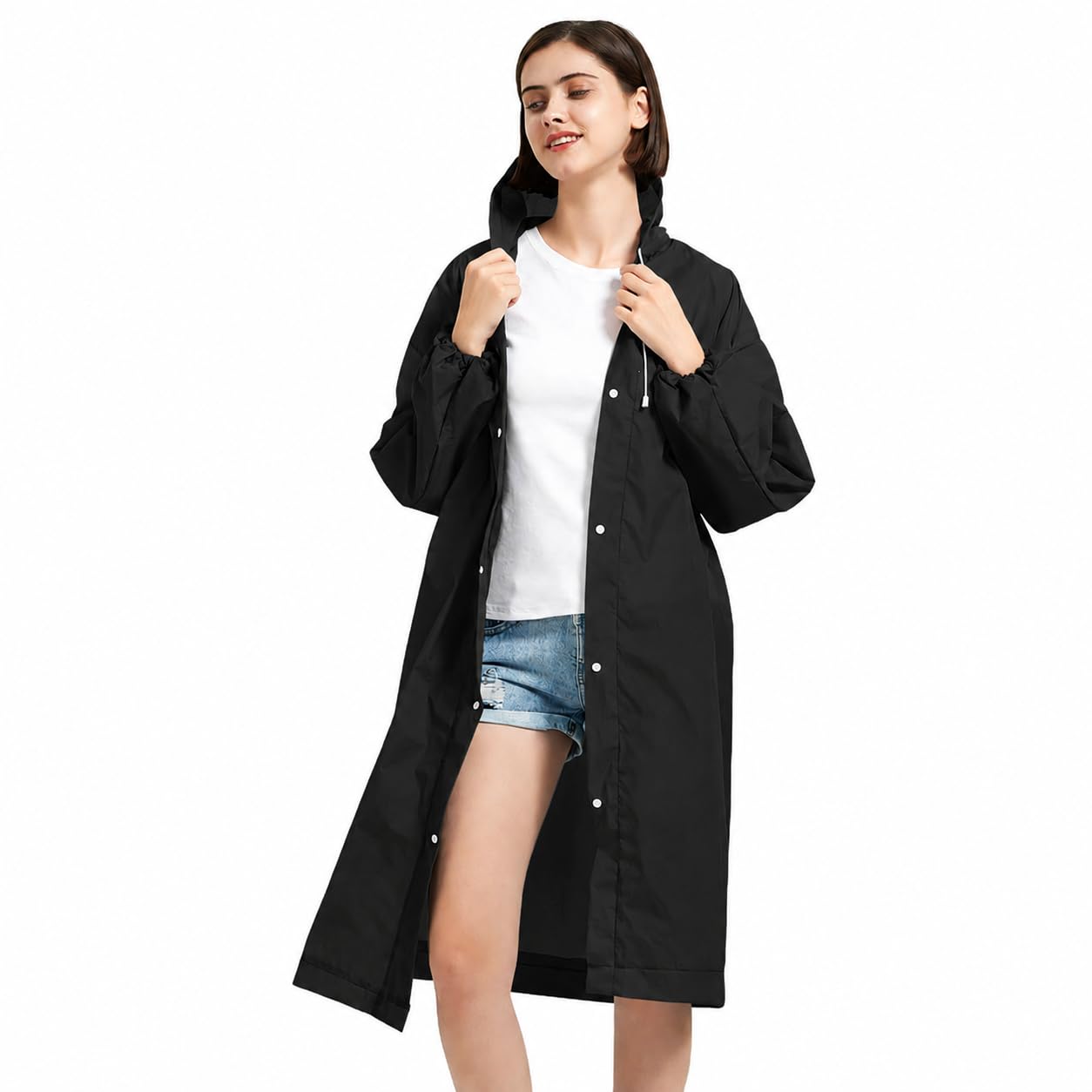eva women long raincoat waterproof with hood | full length button closure rain wear for ladies | lightweight stylish rain monsoon coat for travel, bike riding & outdoor use