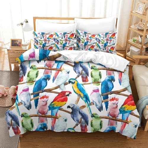 Housse couette fermeture éclair pratique parure lit microfibre 3D perroquets