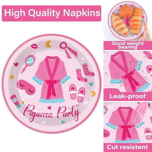 Image of 100 Pcs Pajama Party Paper Plates and Napkins Set Sleepover Party Decorations Supplies Girls Sleepover Tableware Favors for Spa Slumber Birthday Hot Pink Pajama Party Decorations Serves 25