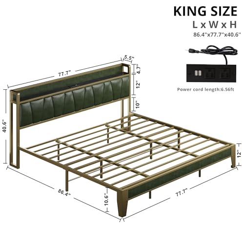 LIKIMIO King Bed Frame, Storage Headboard with Charging Station, Solid and Stable, Noise Free, No Box Spring Needed, Easy Assembly (Dark Green)