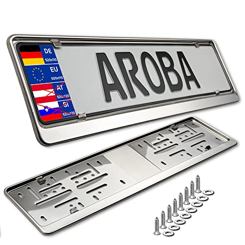 AROBA 2X Premium Auto Kennzeichenhalter 100% Edelstahl POLIERT für Deutschland und EU (Kennzeichen der Größe 520mm x 110mm) Nummernschildhalter Kennzeichenhalterung INOX Rostfreier Stahl V2A