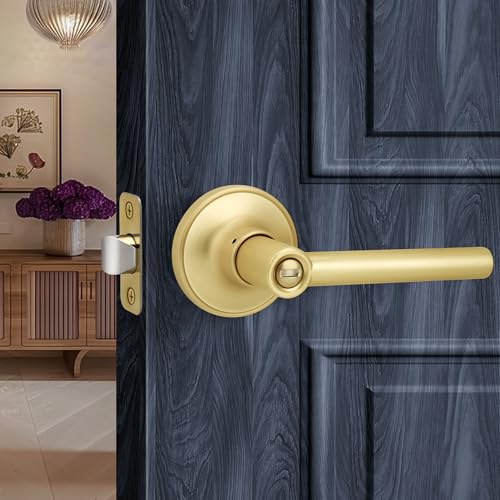 LOQRON Brushed Gold Round Style Door Handle with Privacy Locking, Privacy Reversible Door Lever for Bathroom or Bedroom Door, Satin Brass Finish by LOQRON - Used condition - US$12.80