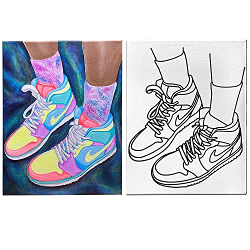 11x14 Canvas Painting | Sneakers 80s Retro Theme | Pre Drawn Stretched Canvas | Retro Artwork | Adult Sip and Paint Party Favor | Therapeutic Painting Sneakers