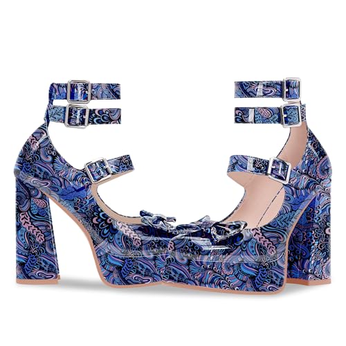 Women's Sweet Bow Platform Mary Jane Pumps Ankle Strap Closed Toe Patent Leather Block High Heels Goth Shoes2
