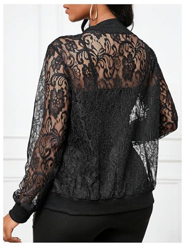 OYOANGLE Women's Lace Long Sleeve Bomber Jacket Stand Collar Sheer Zip Up Jackets Outwear3