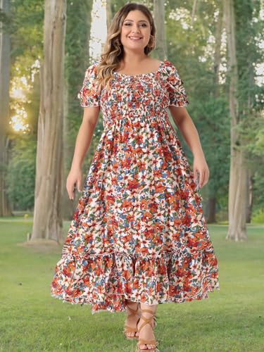 Image of Agnes Orinda Plus Size Dress for Women Short Sleeve Shirred Square Neck Floral Maxi Long Dresses
