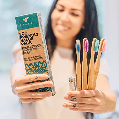 image for TreeBird Bamboo Toothbrush 4-Pack & Compostable Silk Dental Floss with