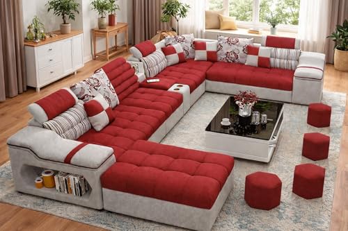 Image of Avion COMFORA U Shape 12 Seater Sofa Set for Living Room | Interchangeable U-Shaped Sectional Sofa Set with Cup Holder with 4 Puffy for Living Room & Office