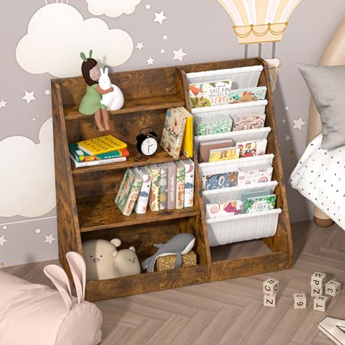 HedoAjim Kids Bookshelf for Bedroom Toddler Children Baby Bookcase 4-Tier for Nursery Book Toy Storage Organizer 5 Sling Book Display Shelf Book Rack Wood Classroom Playroom Rustic Brown - Image 3