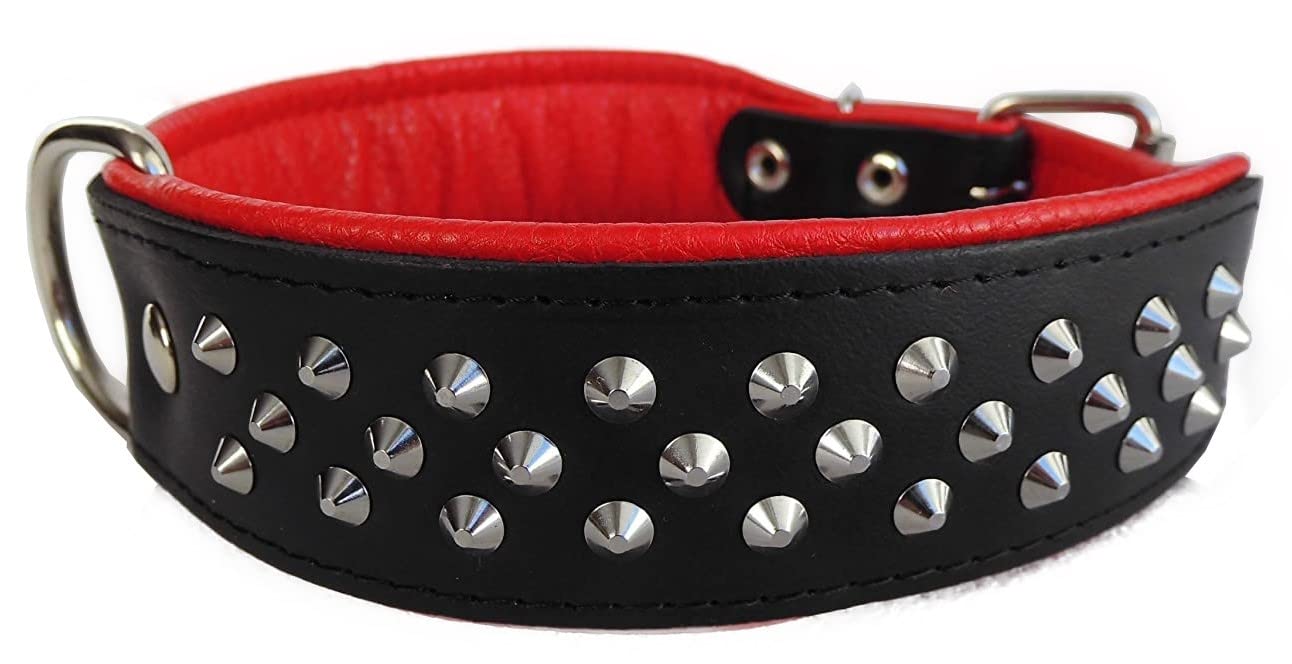 Leder Halsband - Hundehalsband, Nieten, Halsumfang 33-41cm, Schwarz-Rot, NEU (PL.702-1282)
