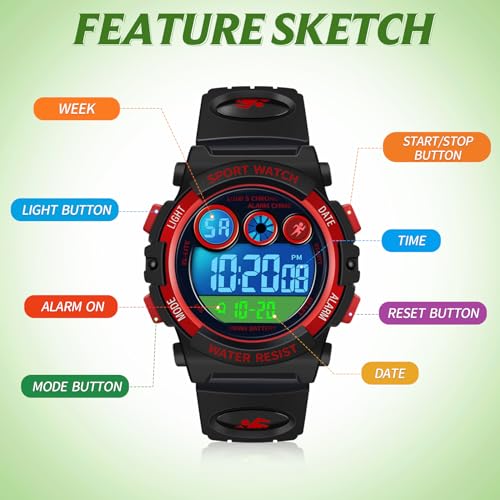 Image of Dayllon Kids Digital Watch,Boys Digital Outdoor Sport Waterproof Watch,with Calendar 12 /24H Alarm 7 Colorful Backlight Stopwatch Wristwatch for 3-15 Years Old