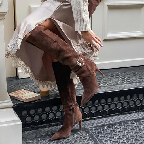Suede Knee High Boots Women Buckle Fall Tall Boots Side Zipper Pointed Toe Stiletto High Heels Party Dress Boot2