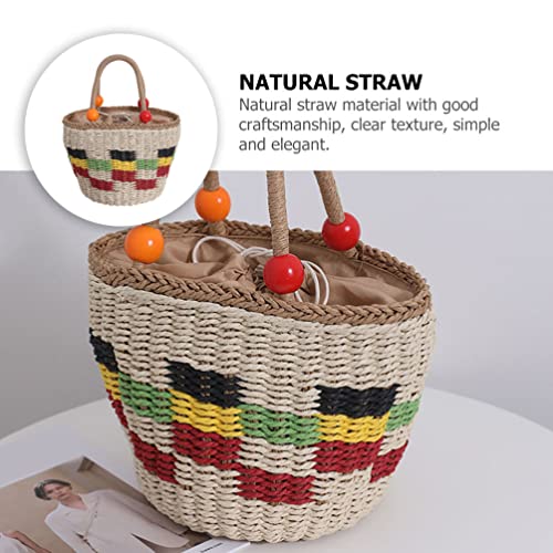 HOMSFOU Straw Woven Tote Bag, Handmade Shoulder Bag with Wooden Bead Handle, Colorful Plaid Design, Multi, Ideal for Picnic, Travel, Shopping, 14.6 x 4.7 x 11.8 Inches3